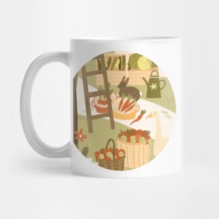 Farm bunny and goose surrounded by apple baskets Mug